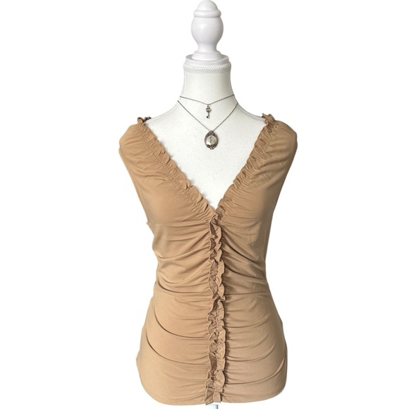 Y2K “Express” Beige/Tan Ruffle Ruched Sleeveless Top - Picture 1 of 5